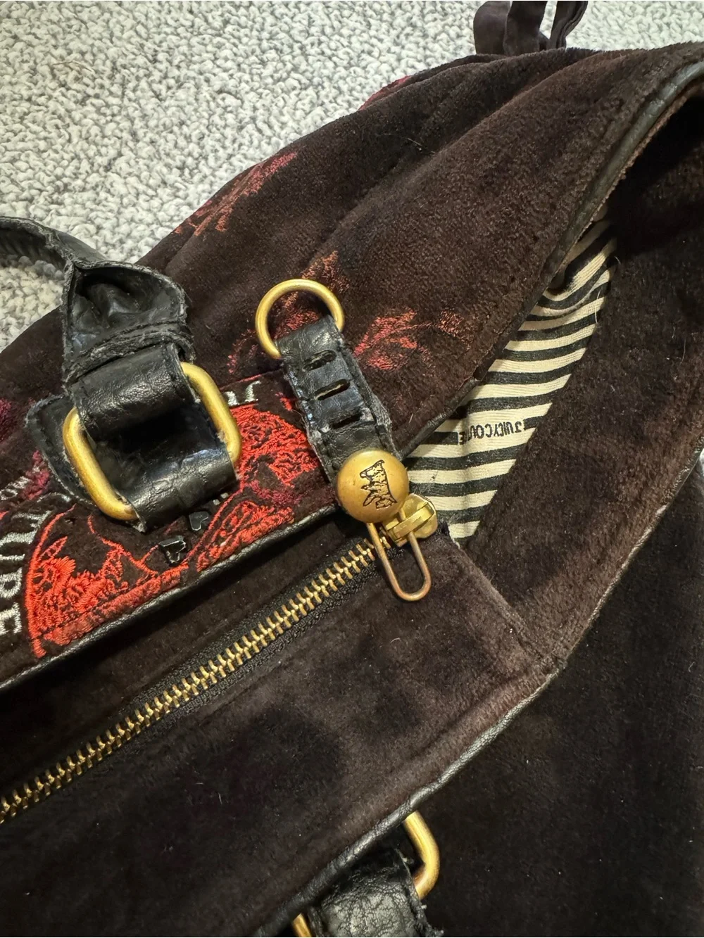 Juicy Couture Black Velvet Tote with Red Crest Motifs